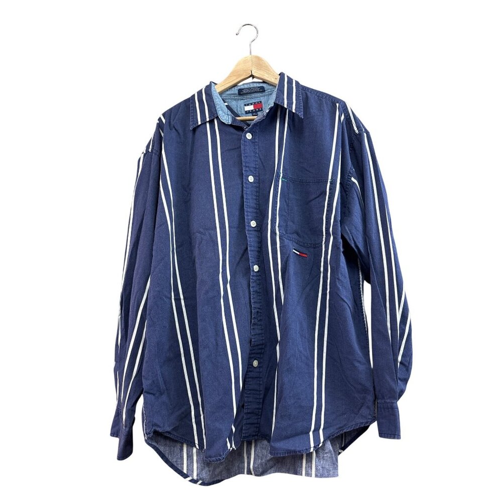 Tommy Jeans Mens XL Striped Long-Sleeve Button-Up Shirt Navy Blue & White 100% C